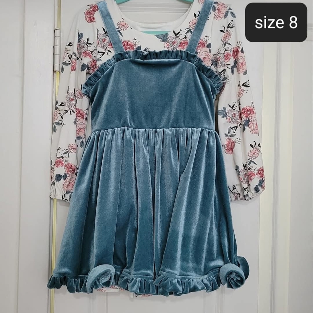Floral and Blue Velvet Kids Dress